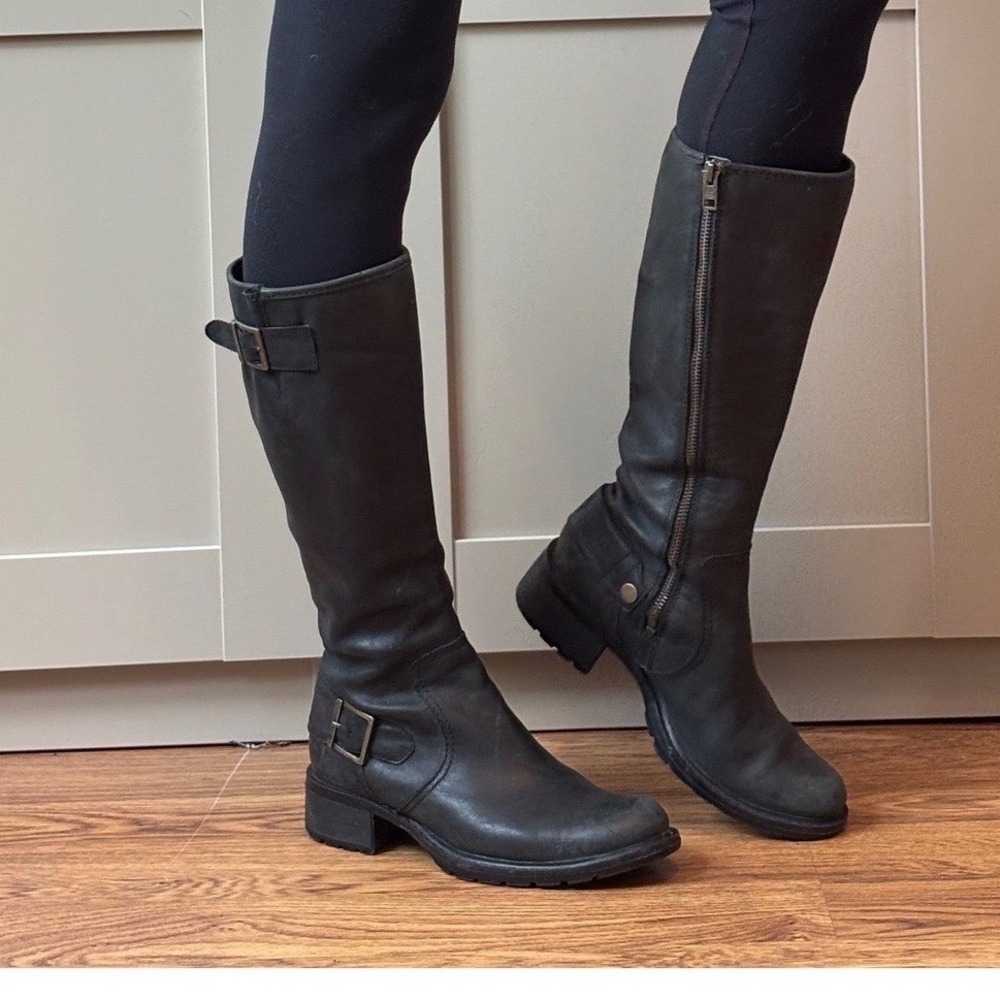 Timberland Black Leather Tall Moto Boots Buckle Side Zip Knee High